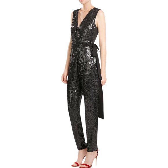 Diane Von Furstenberg - Women’s Silk, Sequin Wrap Jumpsuit - Black, Size 8 - Picture 1 of 11